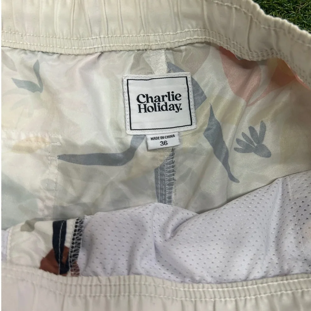 Charlie Holiday Mens Abstract Botanical Leaf Print Swim Shorts White Size 36